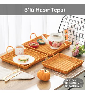 Porsima 709-A Kare 3'lü Dekoratif Ev Banyo Mutfak Düzenleyici Kulplu Hasır Sepet Seti Hasır Tepsi