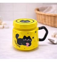 Kedi Baskılı Kapaklı Seramik Kupa Bardak Kawaii Tasarım Kahve Fincanı Hediyelik Ofis (Sarı-Ekru)