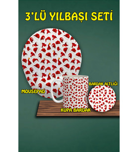 Yılbaşı Temalı 3'lü Mousepad Kupa ve Bardak Altlığı Seti