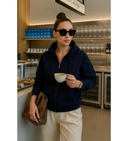 Kadın Fermuarlı Kapüşonlu Cepli İçi Polarlı Sweatshirt (Lacivert)