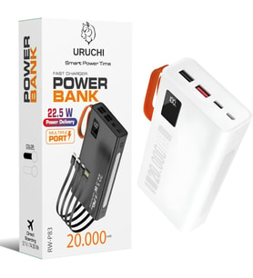 5W PD 3.0 Kablolu Powerbank, Gerçek 20.000 mAh Taşınabilir Şarj Cihazı, Dahili Type-C, Lightning ve Micro USB Kablolu, LED Ekranlı, Hızlı Şarj, iPhone 16/15 ve Android Uyumlu, Beyaz
