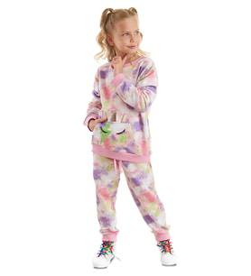 Unicorn Batik Desenli Kız Çocuk Eşofman Takım (Yeşil-Pembe)