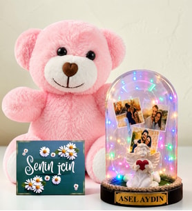 Kişiye Özel Yazılı 3 Fotoğraflı Renkli LED Işıklı Fanus(beyaz melekli) ve Pembe Peluş Ayıcık Kadına Hediye Sevgiliye Hediye
