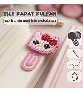 Etamina Kırmızı Fiyonklu Kedi -Hellokitty- Kanaviçe Kitap Ayracı Kiti (İşleme Hobi Seti)
