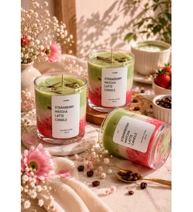 Mumelia Strawberry Matcha Temalı - Doğal Soya Cam Bardak Çilek Tasarım Mum