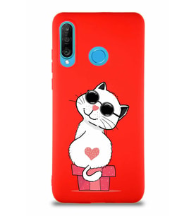 Huawei P30 Lite Soft Premier Kapak Coolcat Tasarımlı Silikon Kılıf - Kırmızı (Şeffaf)