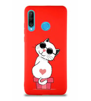 Huawei P30 Lite Soft Premier Kapak Coolcat Tasarımlı Silikon Kılıf - Kırmızı (Şeffaf)