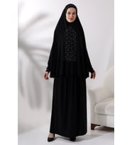 İki Parça İncili Taşlı Alt Üst Pratik Namaz Elbisesi 8017 Siyah