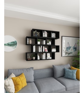Kitaplık Modern Duvar Rafı Salon Yatay 4 Lü Takım Mobilya Siyah (Siyah)