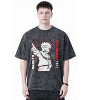 Tasarım Naruto Uzumaki Anime Baskılı Unisex Oversize Eskitme Yıkamalı Tişört