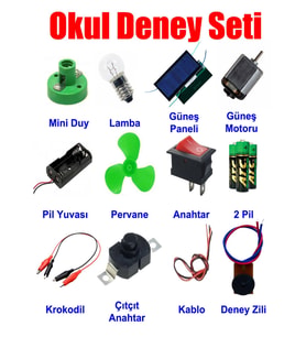 Okul Deney Seti - 8 Güneş Paneli, Duy, Anahtar, Pil, Motor, Krokodil Full Set