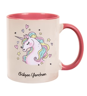 İsme Özel Pembe Kulplu Kupa Bardak - Unicorn M1 (Beyaz-Pembe)