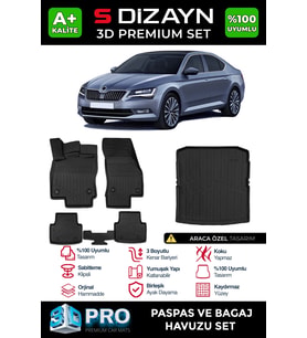 S-Dizayn Skoda SuperB 3D Pro Havuzlu Paspas ve Bagaj Havuzu Seti (2'li SET) 2015-2023 A+ Kalite