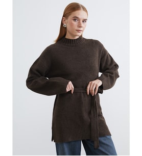 LCW Modest Kahverengi Yarım Balıkçı Yaka Oversize Kadın Triko Tunik