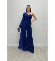 Şifon Kumaş Tek Kol Detaylı Tulum - SAKS MAVİ (SAKS MAVI)
