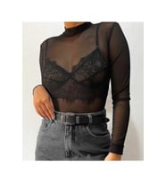 Tül Transparan Alttan Çıtçıtı Tek Parça Seksi Bodysuit (Siyah)