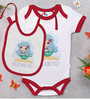 BK Kids Küçük Deniz Kızı Tasarımlı Kırmızı Bebek Body Zıbın ve Mama Önlüğü Hediye Seti-1