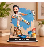 Kişiye Özel Boyacı Karikatürlü 18 cm MDF Masaüstü Biblo - Boyacı Hediyesi Yeni İş ve Meslek Hediyesi