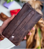 Garbalia Roosevelt Hakiki Deri Telefon Bölmeli El Saplı Unisex Portföy Cüzdan Kahverengi