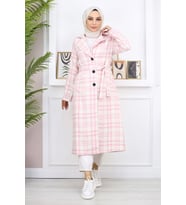 Ekoseli Şanel Kaşe Kaban Pembe 19137