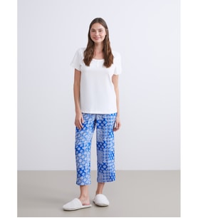 LCW DREAM Mavi Bisiklet Yaka Desenli Kadın Kaprili Pijama Takımı