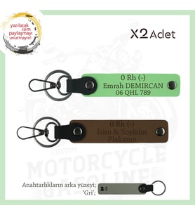 Bikerlar İçin İsim Plaka 0 Rh (-) Kan Grubu Yazılı Özel Tasarım x2 Anahtarlık Set, Kahve-F Yeşil-Gr (Çok Renkli)