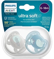 Avent Ultra Soft Emzik, Erkek Bebekler için 6-18 Ay, 2'li Paket, Ortodontik Silikon, FlexiFit Kalkanli, Ultra Yumusak, BPA Içermez, Tasima Kutulu, SCF091/15