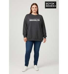 Kadın Büyük Beden Willams Brooklyn Baskılı Bisiklet Yaka ince Sweatshirt SPR26BSW956-16 (Antrasit)