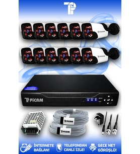 PICAM 12 Kameralı Panda 12 Dış Kamera Set HDD'siz Full HD Gece Görüşlü Güvenlik Kamerası Sistemi