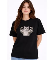 Kadın Tişört Baskılı Kedi Desenli Basic Günlük Rahat %100 Pamuk (Siyah)