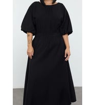 Moda Stil Relaxed Bisiklet Yaka Midi Boy Büyük Beden Dokulu Balon Kol Dokuma Büyük Beden Elbise (Siyah)