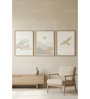 Minimal Doğa Manzarası 3’lü Ahşap Çerçeveli Tablo Seti – Japandi Duvar Dekoru