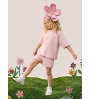 Pembe Oversize T-shirt Şort Takım Kız Çocuk %100 Pamuk