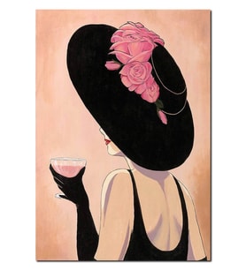 Ahşap Tablo Şapkalı Kadın Pembe Kadehli Görsel (25x35 Cm Boyut)