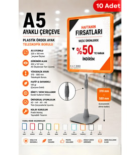 10 Adet - A5 Ayaklı Çerçeve Seti Plastik Ördek Ayak Teleskopik Borulu Fiyat Etiketliği Yönlendirme Levhası Menü Panosu Turuncu