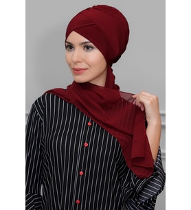 Bordo Pratik Hazır Geçmeli Tesettür Bone Sandy Kumaş Çapraz Büzgülü Şifon Atkılı 1801A_16