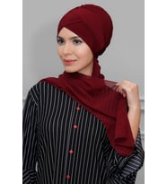 Bordo Pratik Hazır Geçmeli Tesettür Bone Sandy Kumaş Çapraz Büzgülü Şifon Atkılı 1801A_16