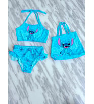 Kız Çocuk karakter Baskılı Eteği Fırfırlı- ip bağlamalı ÇANTA Mayo Bikini 3 lü Takım (Lacivert - Gök Mavi)