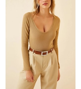 Kadın Fitilli Likralı Body Crop - Camel