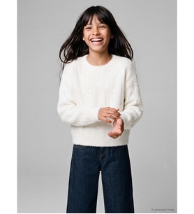 LCW Kids Ekru Pul İşlemeli Kız Çocuk Triko Kazak