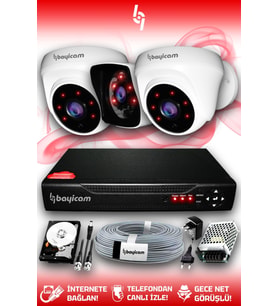 BAYICAM 3 Kameralı Kare 2 İç Kamera Set 250 GB HDD Full HD Gece Görüşlü Güvenlik Kamerası Sistemi