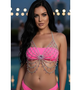 Caş Dekorasyon Gümüş Renk Pembe Taşlı Bralet Vücut Aksesuarı