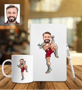 Kişiye Özel Kick Box Tasarımlı Karikatür Defter Kalem Kupa Set 112