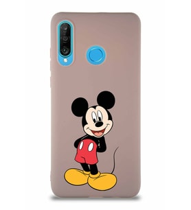 Huawei P30 Lite Soft Premier Kapak Mickey Mouse-B Tasarımlı Silikon Kılıf - Pudra (Şeffaf)