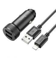 HOCO Z49 Çift USB Girişli Araç Şarj Başlık + USB To iPhone Lightning Kablo (Siyah)