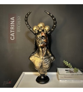 Şeker kafatası Catrina büstü –güçlü kadın figürü, dekoratif sanatı, heykel–Mükemel orijinal tasarım (Altın)