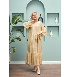 Tesettür Abiye 2026 Yeni Sezon Şık Payetli Uzun Abiye Elbise Gold