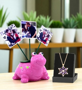 Sizlere Özel 3 Fotoğraflı Kaplumbağa Saksı ve Gerçek Ametist Taşlı Lotus Kolye (Pembe)