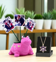 Sizlere Özel 3 Fotoğraflı Kaplumbağa Saksı ve Gerçek Ametist Taşlı Lotus Kolye (Pembe)