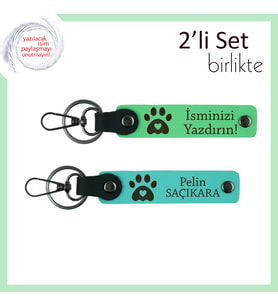 Hayvan Dostluğu Temalı 2’li Anahtarlık Seti, Kalpli Pati Desenli, İsim Yazılabilir, F Yeşil-Turkuaz
